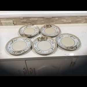 5 Antique Vintage Hand Painted Plates & Hanger